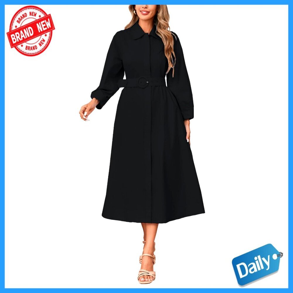 Button Down Shirt Dress 3/4 Sleeve V Neck Midi A Line Belted with Pockets